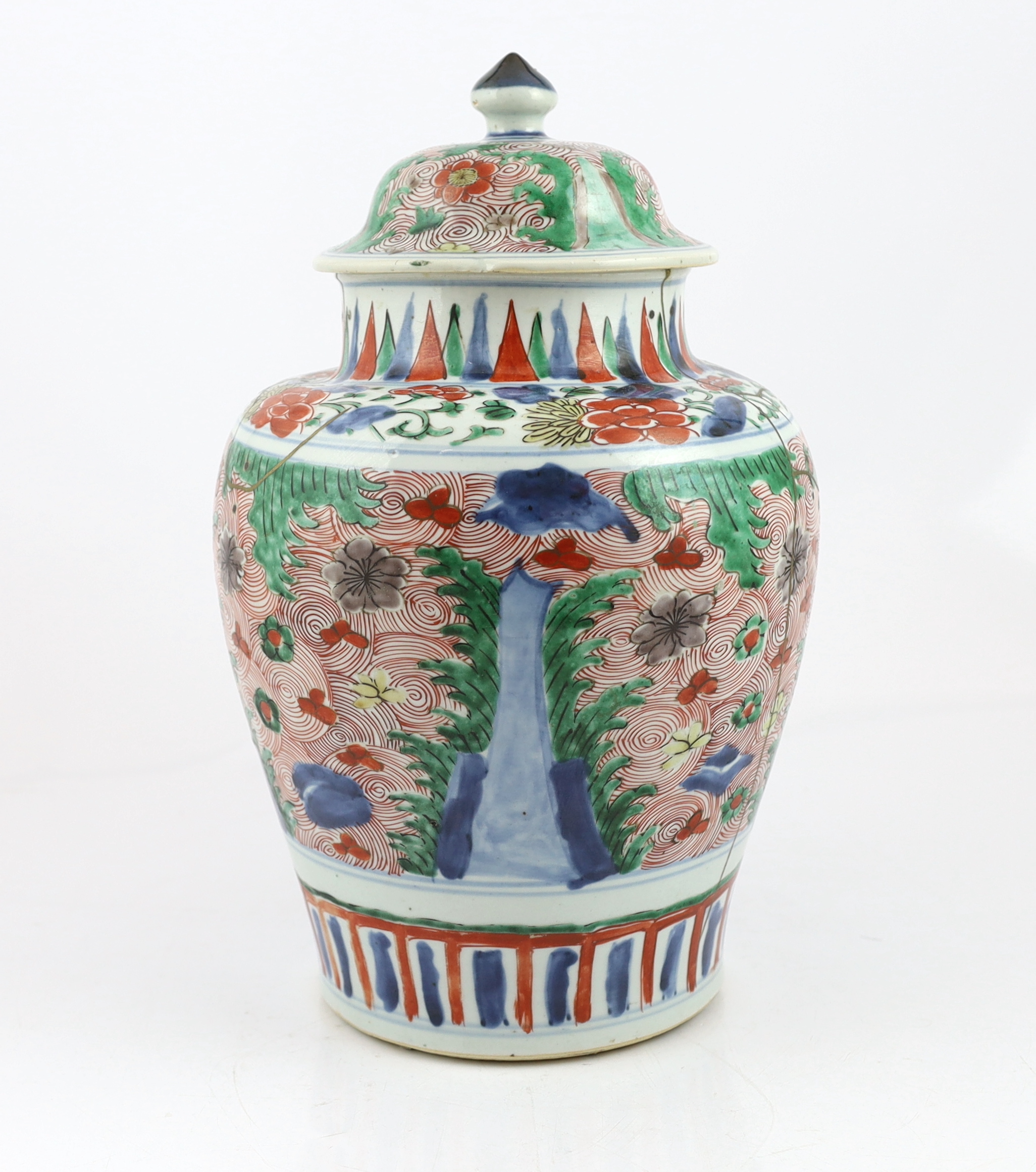 A Chinese wucai ovoid vase and cover, Transitional, Shunzhi period, broken with kintsugi style repair